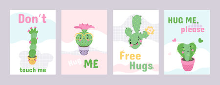 Hug me cards. Free hugs, sweet cactus characters love printable posters. Funny cacti covers design, cartoon plants and text, nowaday vector banners of love card greeting, banner romantic illustrationのイラスト素材