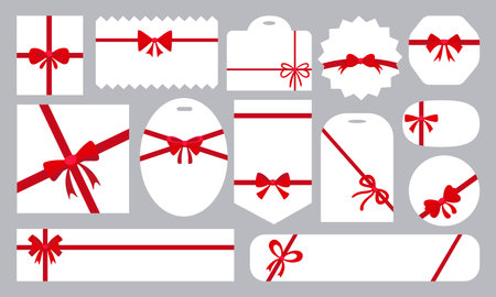 Flat bows cards template. Gift printable card graphic design. Present empty banners with red ribbons, voucher or flyers neoteric vector collection of gift card with bow design illustrationのイラスト素材