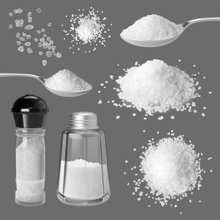 Realistic salt crystals, 3d mineral cooking ingredients. Edible salting crystal grains, spices and herbs. Metal spoon and glass shaker pithy vector set of salt powder or grain illustrationのイラスト素材