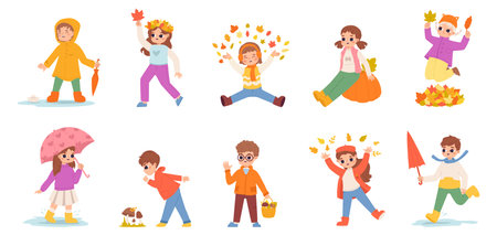 Autumn children gathering leaves, walking and play. Rainy weather season child with umbrella. Fall happiness, cartoon kids snugly vector characters cartoon girl and boy illustrationのイラスト素材