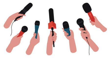 Hands holding microphones, vintage microphone for record. Broadcasting or interview, audio recording equipment. Decent journalist vector set of interview to microphone recordのイラスト素材