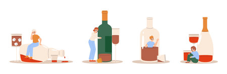 Alcohol addiction scenes, drunk teenager and bottle of strong drink. Abuse toxic drinks on party, mental health problems. Alcoholism snugly vector set of addiction alcohol scene illustrationのイラスト素材