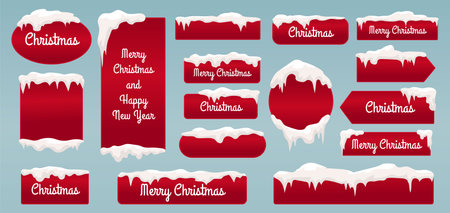 Christmas snow buttons, xmas and new year red banners with snowy caps and icicles. Decorative winter frozen elements, sale web tags snugly vector set of snow badge template illustrationのイラスト素材