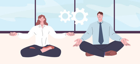 Office workers meditation, colleagues cleaning brain. Mind clean process, business woman and man wellbeing. Life work balance vector scene of worker office illustration, meditation managerのイラスト素材
