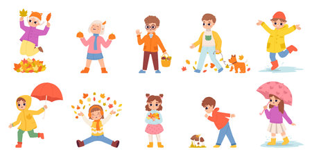 Kids in autumn walking on puddles at rain with umbrella. Gathering leaves, play outdoor at fall on nature. Cartoon happy children vector set of kid and character, rain autumn and puddle illustrationのイラスト素材