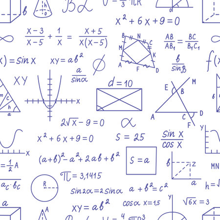 Math seamless pattern. Mathematics solutions, physics formulas. Numbers and graphs, functions calculate. Education neoteric vector background with science formula solution illustrationのイラスト素材