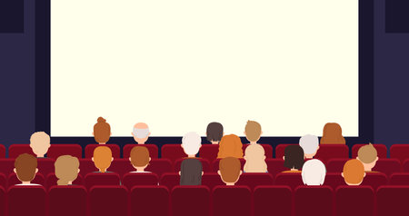 Movie theater interior, cinema empty screen and audience. People watch film sitting back in red seats. Snugly vector entertainment banner and screen empty, theater cinema interior illustrationのイラスト素材