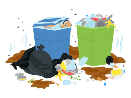 Street waste bins, full garbage city plastic containers and flying fly. Trashed rubbish in bag, overflow bin. Town dumpster decent vector scene of container with rubbish and waste illustrationのイラスト素材