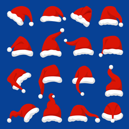 Cartoon red santa hats, christmas cap flat design. Xmas hat, new year celebrating head accessories. Winter holiday, noel neoteric vector symbols. Illustration of santa cap and costume, xmas clothingのイラスト素材