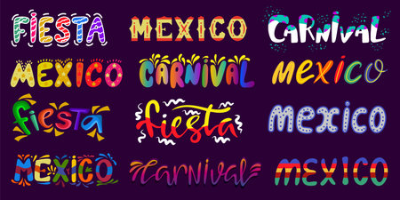Carnival lettering, party celebrate floral fiesta text prints. Mexican or spanish holiday badges with confetti. Invitation elements neoteric vector clipart. Illustration of mexican celebrationのイラスト素材