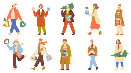 People with christmas gifts, parcel and present. Winter wear person hold xmas tree, walk for shopping. New year sale season, snugly vector characters. Illustration of christmas holiday peopleのイラスト素材