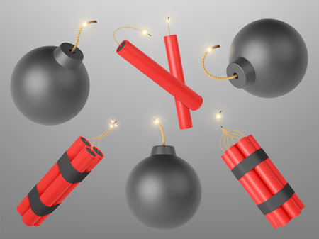 Realistic 3d dynamite and bomb. Dangerous explode elements, burning bombs wicks. Symbol terrorism, war and aggression vector of danger weapon to explode illustration of weapon explode destructionのイラスト素材