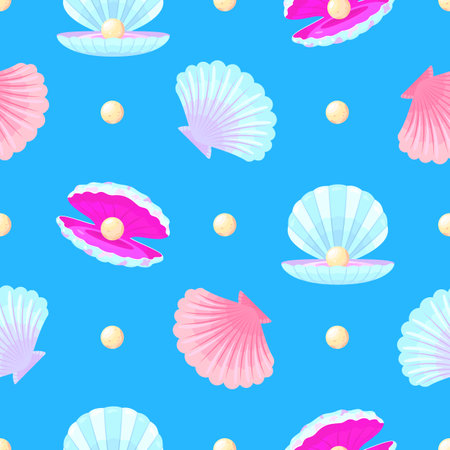 Pearl shell seamless pattern. Cartoon shells and pearls fabric print. Decorative underwater elements, marine jewelry nowaday vector background with sea pearl in shell illustrationのイラスト素材