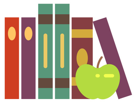 Book shelf with green apple. Education flat icon isolated on white backgroundのイラスト素材