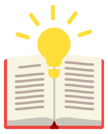 Knowledge flat icon. Open book with shining light bulb isolated on white backgroundのイラスト素材