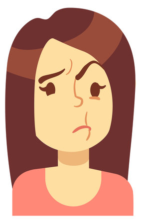 Grimacing female character. Smirky smile woman avatar isolated on white backgroundのイラスト素材