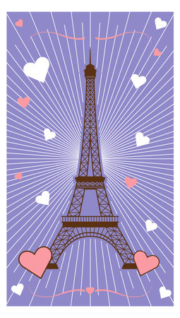 Romantic card with eiffel tower. Love vertical banner background. Vector illustrationのイラスト素材