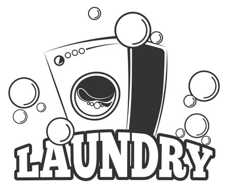 Laundy service  . Black laundromat machine emblem isolated on white backgroundのイラスト素材