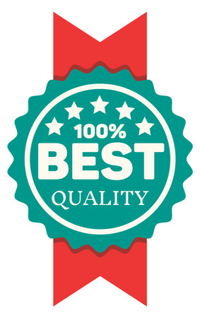 Best quality color badge. Premium label with red ribbon isolated on white backgroundのイラスト素材