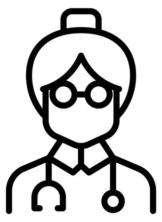 Female doctor in glasses linear icon. Woman with stethoscope isolated on white backgroundのイラスト素材