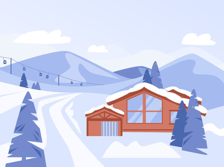 Winter cozy chalet in mountains. Ski resort landscape, christmas holidays travel and rest. Snow nature and slopes, kicky vector background of cozy winter house or cottage illustrationのイラスト素材