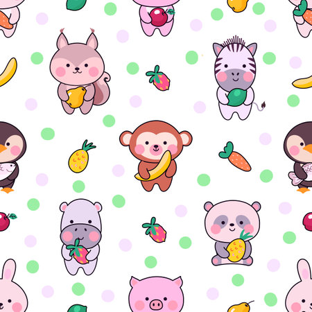 Cute animals seamless pattern. Kawaii animal funny fabric print design. Baby texture, cartoon korean japanese characters. Nowaday vector graphic of kawaii animal background pattern illustrationのイラスト素材