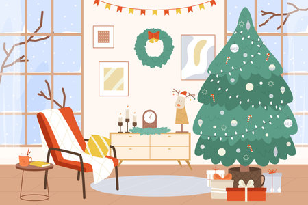 Christmas tree living room interior. Winter holiday area with snowy window. Xmas gift boxes and new year decorations. Snugly cartoon vector scene of interior home room, christmas tree illustrationのイラスト素材