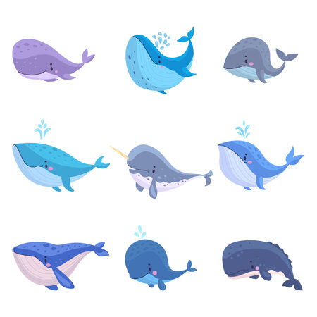 Cartoon whales. Cute underwater whale characters, marine animals. Isolated childish animal for stickers, funny creatures nowaday vector clipart of animal underwater sea illustrationのイラスト素材