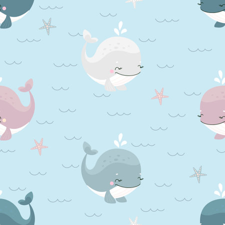 Cartoon whales seamless pattern. Cute whale swim in waves, underwater characters fabric print design. Marine animals nowaday vector background pattern cartoon seamless illustrationのイラスト素材