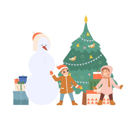Christmas time scene with cute little children, xmas tree, gift boxes and snowman. Winter holidays, funny kids, brother and sister vector cartoon concept of christmas cartoon holiday illustrationのイラスト素材