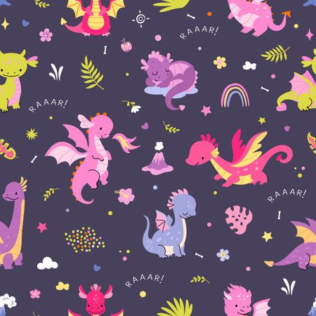 Cartoon dragon seamless pattern. Cute dragons and rainbow childish fabric print. Mythology animal characters, funny flat nowaday vector template of seamless pattern dinosaur illustrationのイラスト素材