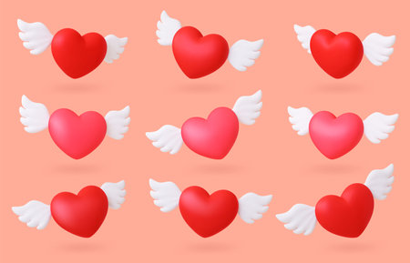3d hearts with wings. Flying red heart, valentines day romantic symbols. Wedding, marriage or love relationship. Cute pithy vector collection of 3d heart love with wings illustrationのイラスト素材