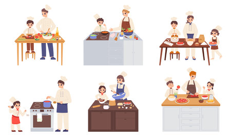 Adults cooking with kids. Home kitchen, parents baking with kids at house. Household, family spend time together. Cook workshop snugly vector scenes of kitchen with preparation illustrationのイラスト素材