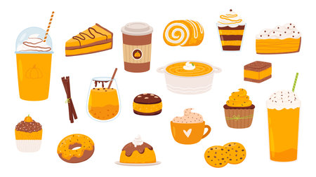 Fall pumpkin spice latte. Cupcakes and autumn desserts, hot sweet drinks in mug and food. Pie slice and donut, cookies snugly vector clipart of coffee and pie sweet illustrationのイラスト素材