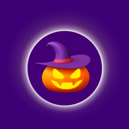 Glowing circle on violet background. Realistic light background for ad or product presentation. Decorative vector backdrop for advertising. Glowing pumpkin icon illuminate halloween illustrationのイラスト素材