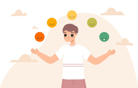 Emotional balance and choose your emotions. Mental health, guy thinking about his daily mood. Good and bad feeling, rating snugly vector scene. Illustration of mental mind balanceのイラスト素材