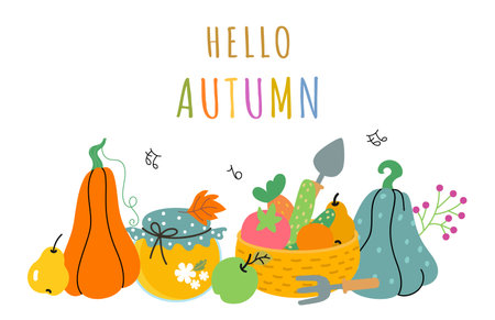 Autumn harvest background with pumpkins and vegetables basket. Agriculture fresh planting food market, farm raw eco products vector elements of harvest autumn fall illustrationのイラスト素材