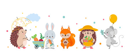 Cute cartoon animals autumn style. Rabbit farmer, funny hedgehogs, mouse with balloon and red fox. Isolated childish vector wild characters animal autumn illustrationのイラスト素材