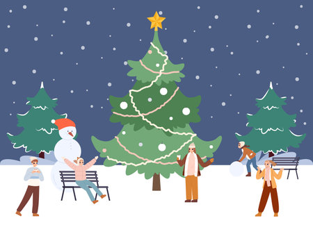 Winter walking people, meeting friends at christmas tree. Xmas or new year outdoor party in city park, happy cartoon teens vector illustration of christmas winter holidayのイラスト素材