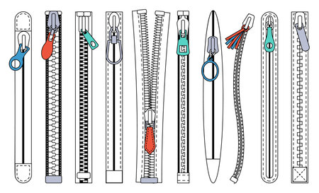 Flat zippers with pullers. Isolated zipper fastener, clothing industry and tailor elements. Clasp for children and adult clothes, decent vector set of apparel wear accessories illustrationのイラスト素材
