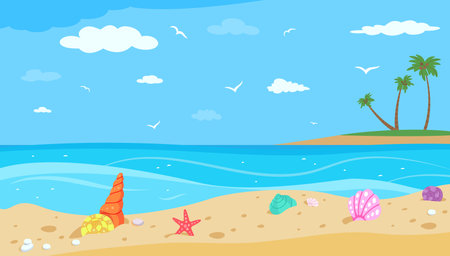 Shells on beach. Ocean landscape, travel or vacation banner. Illustration with sea, clouds and shell on sand, island with palms. Nature nowaday vector scene of summer beach landscape sand illustrationのイラスト素材