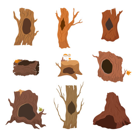 Wooden burrows, tree with holes. Empty animals houses, wood trunks and stump. Forest landscape and woodland elements, nowaday vector cartoon set of tree hole illustrationのイラスト素材