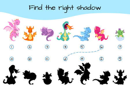 Find shadow game. Childish paper educational toy with cartoon cute dragons. Developing play, dinos characters and shadows, nowaday vector template of dragon education poster illustrationのイラスト素材
