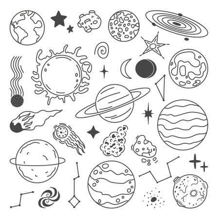 Doodle planets, space sketch planet and stars. Astronomy icons, abstract sun, moon and earth. Solar system, celestial neoteric vector set of planet sketch illustrationのイラスト素材