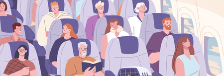 Passengers on plane. People sitting on airplane board, air flight concept. Aircraft travellers, women men sleeping, talking and reading kicky vector scene of airplane passenger illustrationのイラスト素材