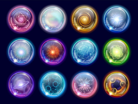 Realistic magic plasma spheres and energy balls. Flash lightning, colorful electric sparks. Decorative mystical glass ball pithy vector set of effect electric energy illustrationのイラスト素材