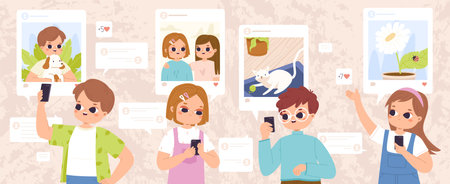 Children using social media with smartphones, posting and chatting. Cute toddlers with phones, doing likes and post photos, snugly vector concept of smartphone internet communication illustrationのイラスト素材