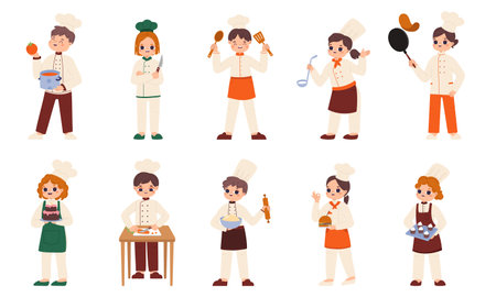 Children chefs cooking. Isolated kids in chef uniform bakes. Childish workshop on kitchen, cute little toddlers doing food, snugly vector set of chef cooking character illustrationのイラスト素材