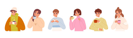 People drinking hot drinks. Women hold tea cup, warm latte or coffee mug. Young person holding beverage and chocolade snugly vector characters with coffee drink cup illustrationのイラスト素材