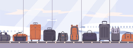 Travel baggage on conveyor, luggage on airport belt. Plastic suitcases and backpack, big bags. Security claim and safety flight, kicky vector flat scene of conveyor luggage for travel illustrationのイラスト素材